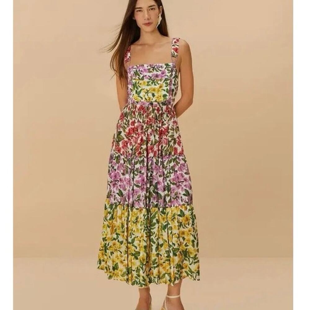 FARM Rio Floral Tiered Maxi Dress XS Sleeveless Bougainvillea